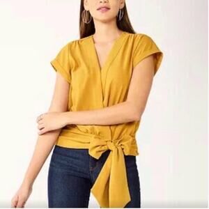 Nine West Mustard Yellow Blouse Wrap Top Smocked Waist L Large